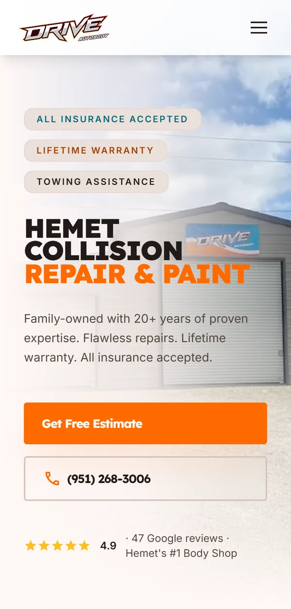 Drive Auto Body website shown on a mobile screen
