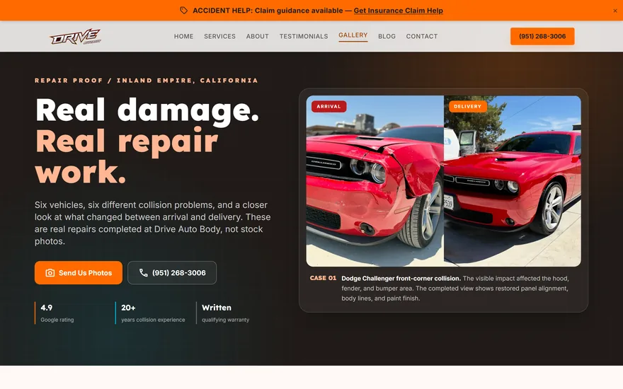 Drive Auto Body before and after page with a repaired Dodge Challenger