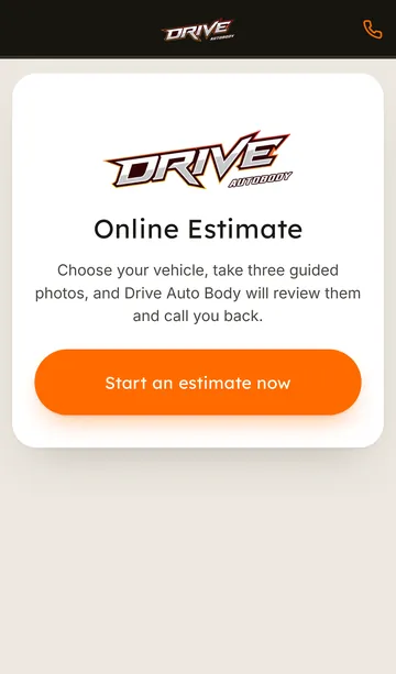 Drive Auto Body online estimate on a phone: choose the vehicle, take three guided photos