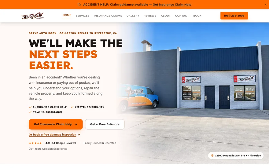 Drive Auto Body homepage built by EnriLeads, showing the shop and the next steps for drivers