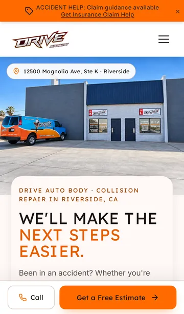 Drive Auto Body homepage on a phone