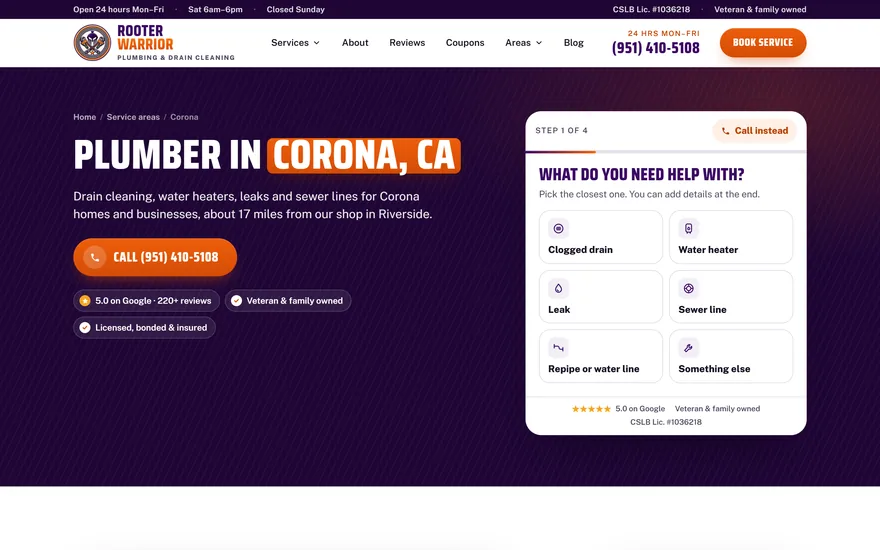 Rooter Warrior Plumber in Corona page on a desktop