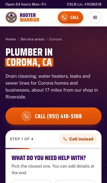 Rooter Warrior Plumber in Corona page on a phone