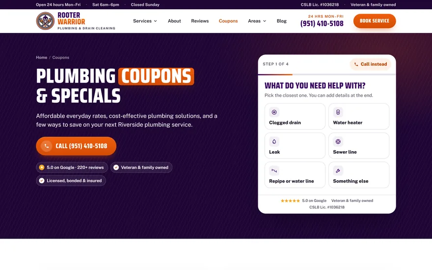 Rooter Warrior coupons and specials page on a desktop