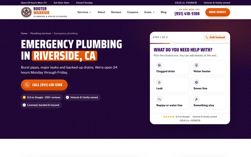 Rooter Warrior emergency plumbing page with the booking card beside the headline