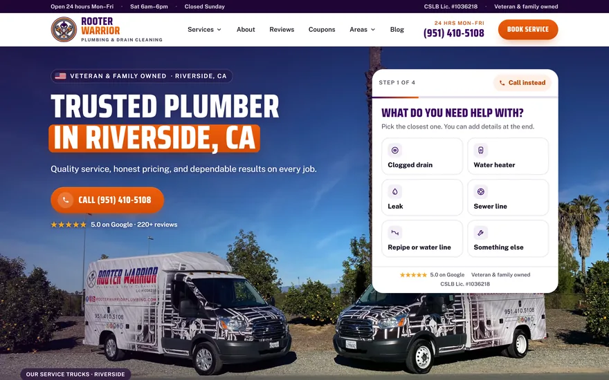 Rooter Warrior Plumbing homepage: trucks photo, headline and the four-step booking card