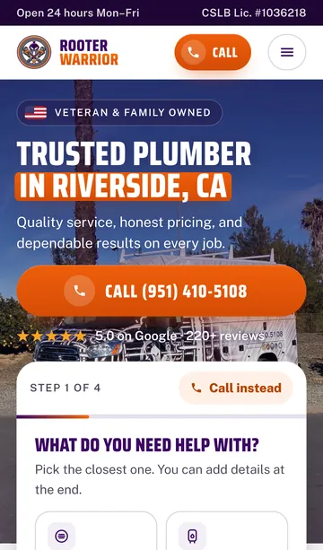 Rooter Warrior Plumbing homepage on a phone with the call button and booking card